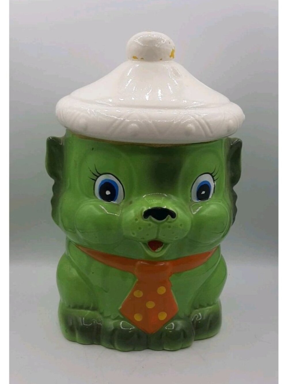 Vintage Large Cookie Jar Green Dog Orange Tie and Tam Hat Hand Painted Japan
